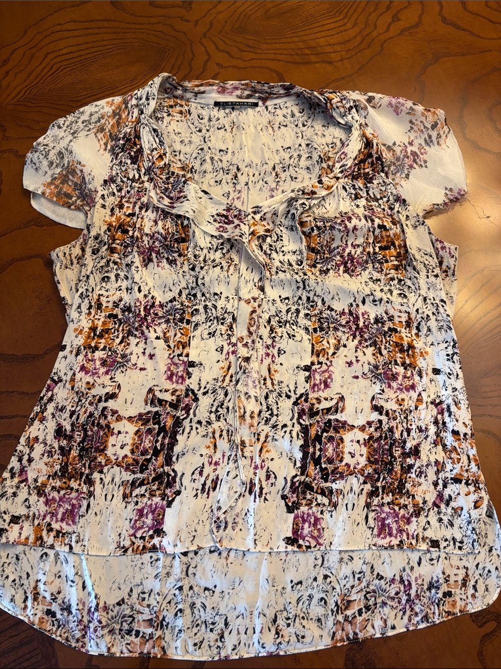 Elie Tahari Silk Cream Blouse with Purple Rust Print Short Sleeves Size S
